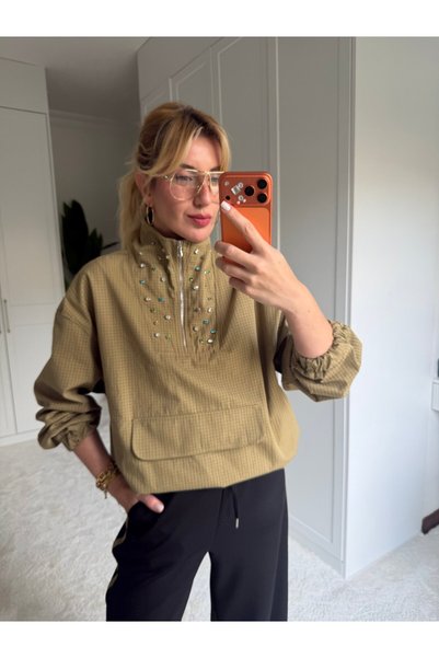 begum mayda Orijinal Model Haki Yakası Taş İşlemeli Sweat & Modal Pantalon Takım