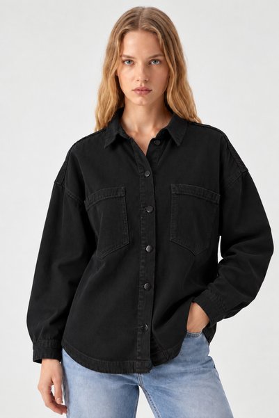 COMBİNE MİCHAİL Cămașă-jachetă neagră oversize cu buzunare pentru femei