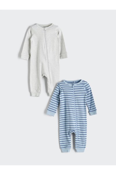 LC Waikiki Lcw Baby Blue Crew Neck Long Sleeve Baby Boy Rib Knit Rompers 2-Pack