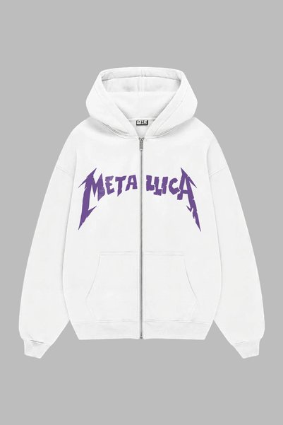 Sokak Butik Hanorac unisex alb cu fermoar și imprimeu Metallica pe spate, de ...