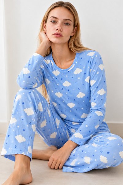 MODAGO Kadın Kışlık Trend Mavi Gecelik Pijama Takımı 4833