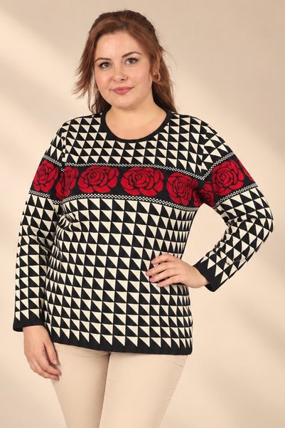 By Saygı Women's Plus-Size Stretch Fabric Viscose Knit Blouse with Geometric ...