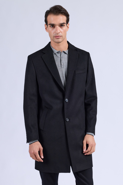 Hatemoğlu Siyah Slim Fit Ceket Yaka Kaşe Yünlü Palto