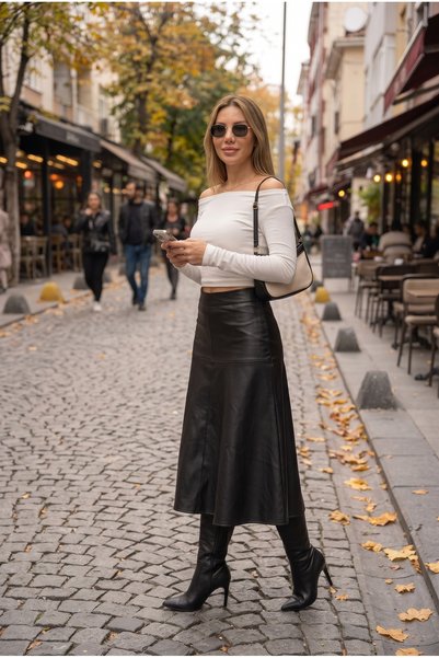 winmoda Parçalı Deri Etek / Suni Deri Kloş Etek Tam Boy 80 Cm