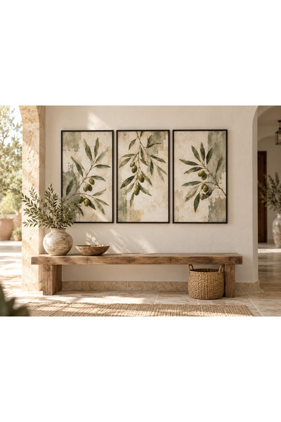 OAKY Life Zeytin Dalı 3 Parçalı Çerçeve Görünümlü UV Baskılı MDF Duvar Tablosu