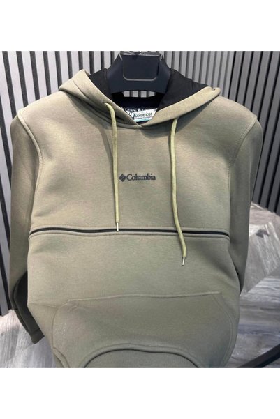 Kapüşonlu Oversize Sweatshirt, Açık Haki, Ön Cepli, Logolu, Fermuarlı