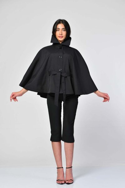 Moda1001 EYYO Poncho cu detaliu de legare la mâneci - Negru-Negru - XS/S