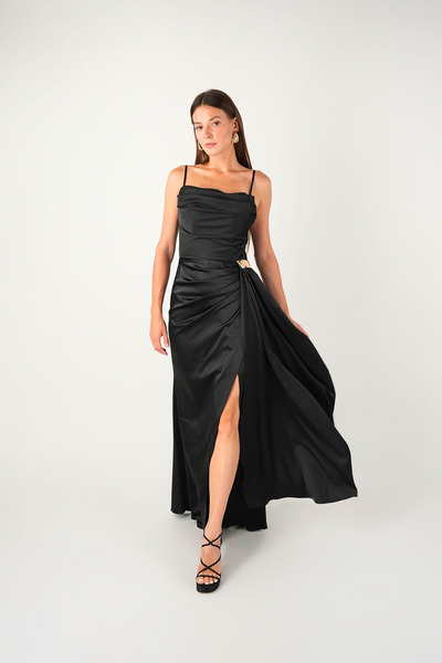 BEYBOS Satin Fabric Shawl Detailed Evening Dress - Black