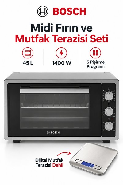 Bosch 45 L 1400 W Fanlı Midi Fırın 5 Pişirme Programlı + 5 kg Dijital Mutfak ...