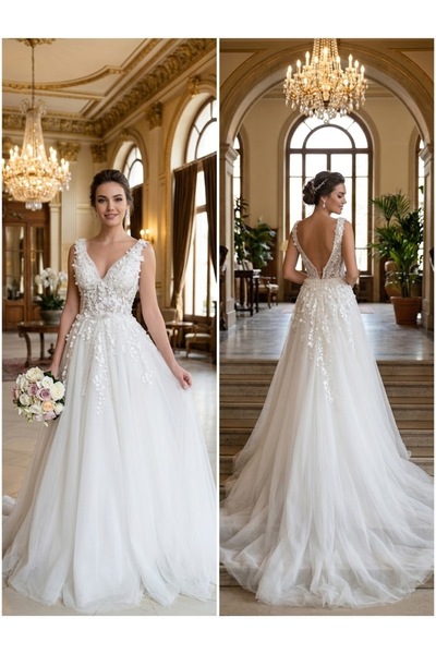 JABO WEDDİNG HOUSE GELİNLİK 38 BEDEN ÜSTÜ DANTEL ÇİÇEK APLİK DETAYLI ETEĞİ 3 ...