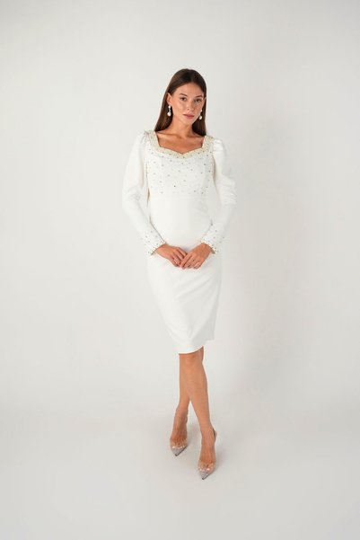 BEYBOS Crepe Fabric Pearl Detailed Pencil Evening Dress - WHITE