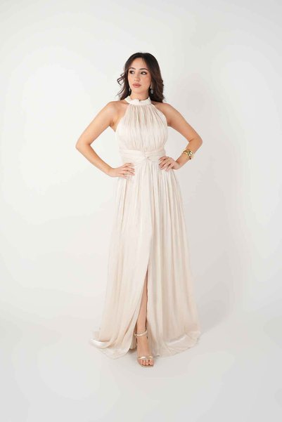 BEYBOS Chiffon Evening Gown with Corset - BEIGE