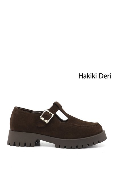 GÖNDERİ(R) Women's Coffee-Colored Genuine Leather Suede Buckled Shoes