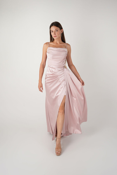 BEYBOS Satin Fabric Shawl Detailed Evening Dress - Pudra
