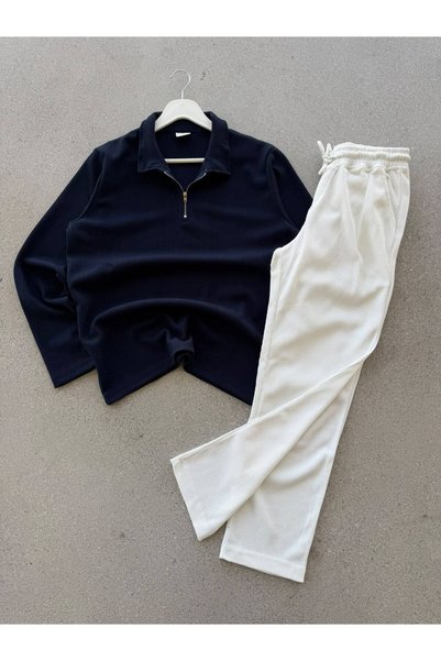 Altamira Men's Winter Navy and White Sweatpants Set with Half-Zip