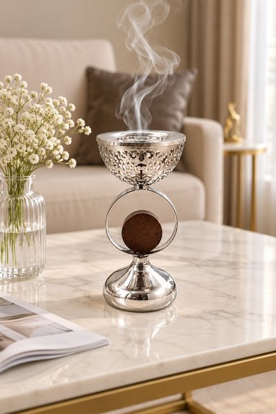Generic Stylish Wood Detail Silver Polished Stainless Steel Incense Burner (2...