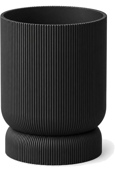 Generic Large Ribbed Planter with Twist-Lock Drip Tray, 13.2 cm Opening, Black