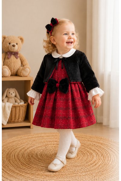 Karaniko Kids Girl's Cotton Tweed Shirt Dress and Plush Jacket 3-Piece Set wi...