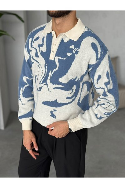 FO4RBS Patterned Polo Collar Sweater, V-Neck, Blue