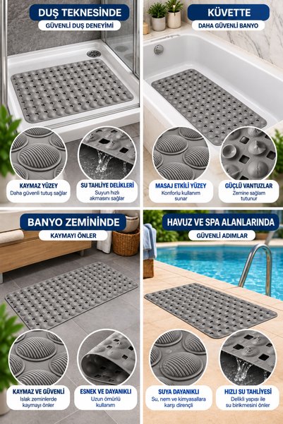 Doori Kaymaz Duş Teknesi Matı 37x68 cm – Vantuzlu, Su Tahliye Delikli, Esnek Banyo ve Küvet Kaydırmaz Paspası – Gri