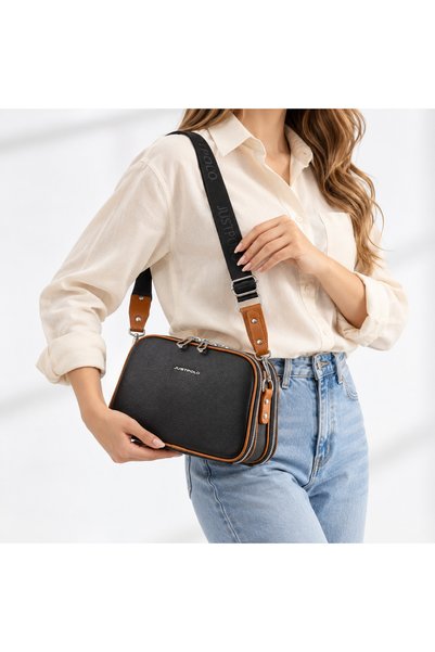 Just Polo Women's Black and Tan 5-Compartment Adjustable Strap Shoulder Bag -...
