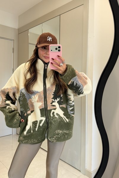 Gizem Ecemiş Presy Haki Geyikli Teddy Fermuarlı Sweat