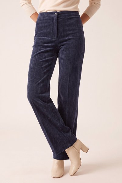 RMG Velvet-Textured Pants with Elastic Waistband, Navy Blue