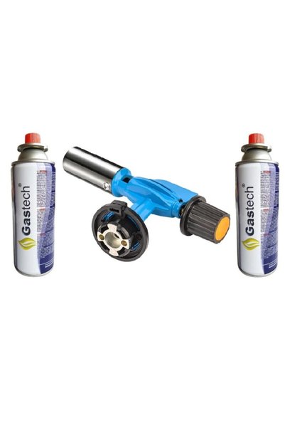 Flame Metal burner head + 2 Gastech 227 g camping gas canisters with automati...