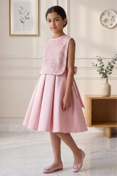 Alesaei-mondo tondo Girls' luxury pink satin evening dress with pearl embroid...