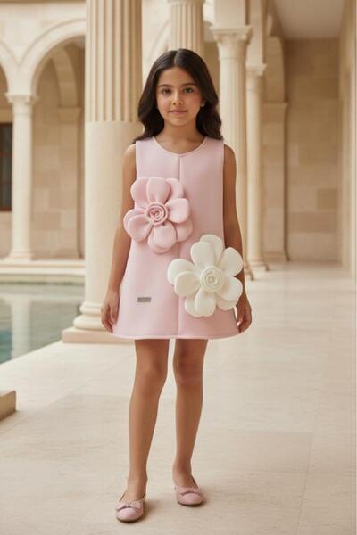 Alesaei-mondo tondo Girls' pink evening dress with 3D flowers S01294