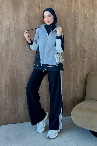 Şule Giyim Paneled Navy Blue Set with Self-Border