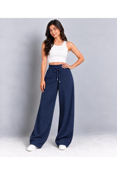 TENA Women's Navy Blue Rib Knit Waist, Rolled Hems, and Wide-Leg Sweatpants w...