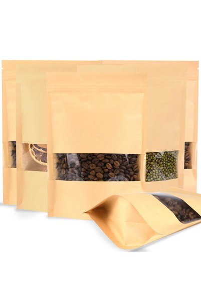 SWIHELP 200 Pcs Kraft Paper Food Bags with Window Stand Up Pouches, Zip Lock ...
