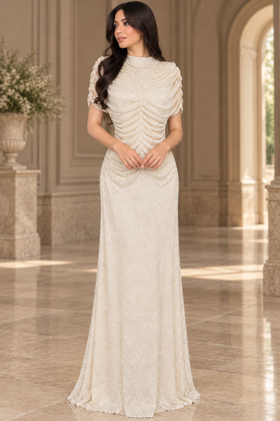 ELORA FASHION فستان سهرة بيج فاتح بلمعة شامبانيا وكسرات أنيقة