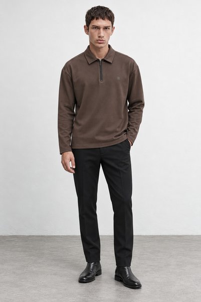 Manche Coffee Polo Collar Half-Zip Cashmere Men's Sweatshirt |   Mew2311657-1