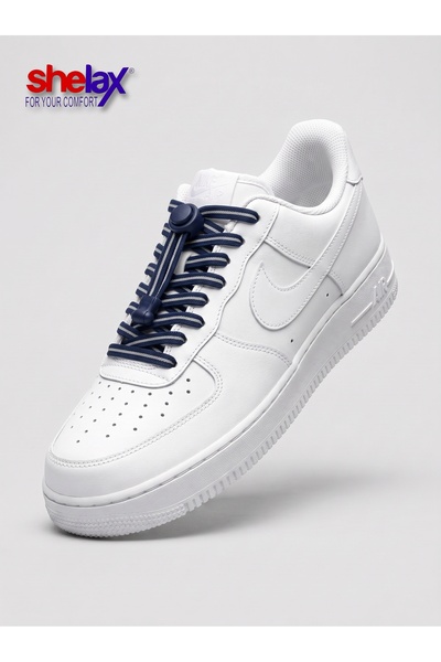 SHELAX Flat-Spring Clip-Lock Smart Shoelaces - Navy and Gray Striped