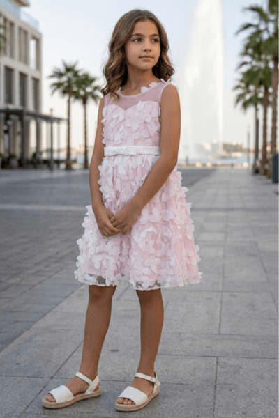 Alesaei-mondo tondo Girls' light pink evening dress with tulle and 3D rose me...