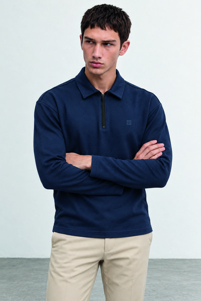 Manche Navy Blue Polo Collar Half-Zip Cashmere Men's Sweatshirt |   Mew2311657-1