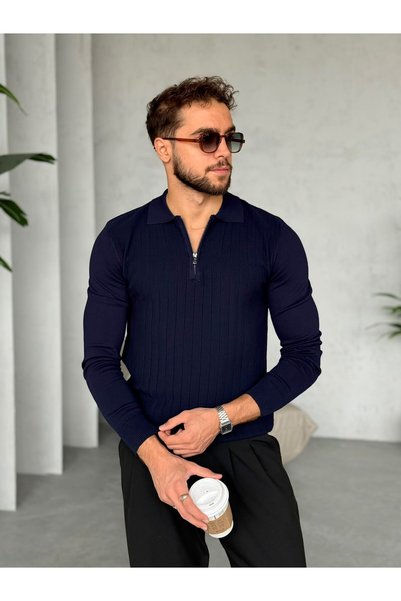 FO4RBS Patterned Half-Zip Polo Shirt with V-Neck, Navy Blue