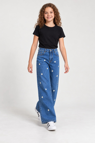 rony pony kids Girls' Blue Palazzo Denim Pants with Daisy Embroidery and Wide...