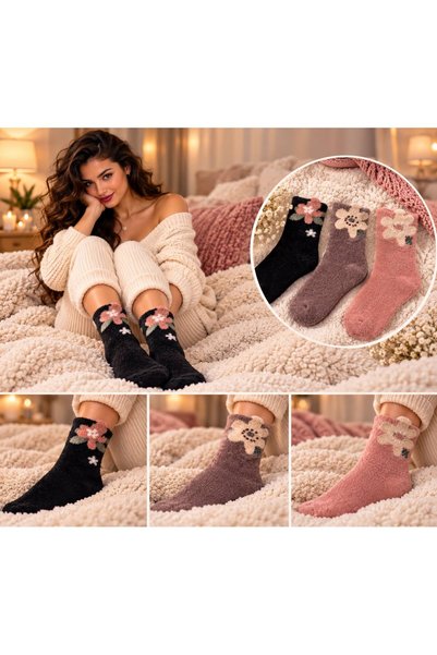 Tina Șosete pufoase damă, călduroase și moi, cu model floral 3D, pentru casă ...