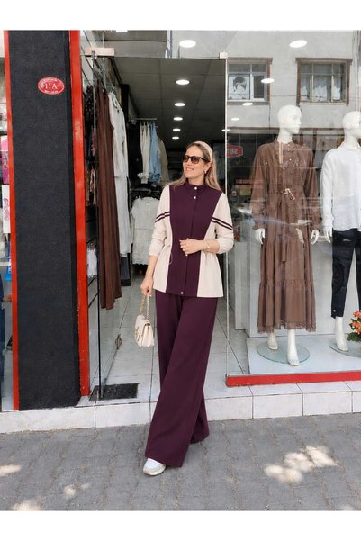 Kadın Lacivert ve Bej Şeritli Düğmeli Uzun Pantolon ve Blazer Takım