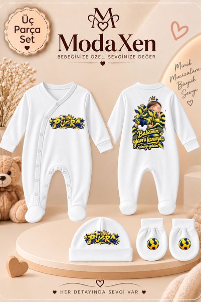 ModaXen Kişiye Özel İsimli Bebek Tulum 3’lü Set – Babasının Minik Taraftarı B...
