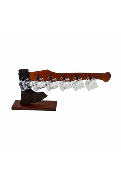 FOXMAG24 Wooden Axe-Shaped Shot Glass Stand, 6 Glasses, Brown
