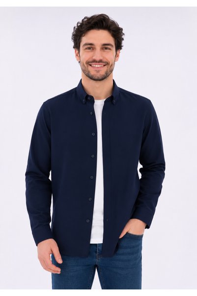 kzy giyim Men's Navy Blue Long Sleeve Basic Shirt