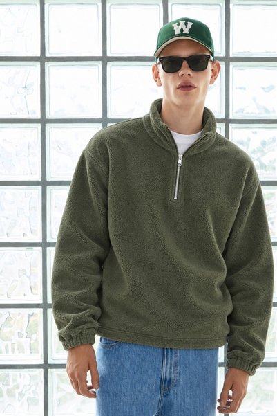 DAMGA JEANS Ανδρικό χειμερινό φλις χακί με μισό φερμουάρ και απαλή υφή