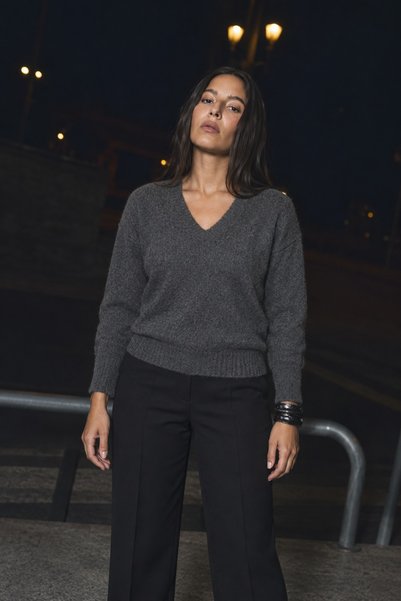 DAMGA JEANS Pulover de damă cu decolteu în V, de iarnă, din tricot antracit