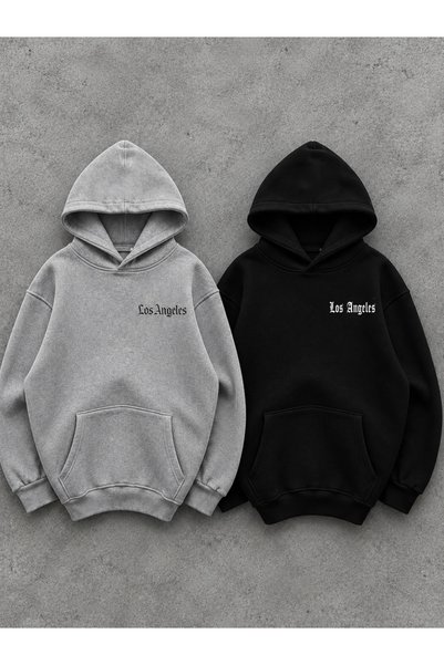 DEEPSENCE 2-Piece Set: Black & Gray Hooded Sweatshirt, Los Angeles Minimal