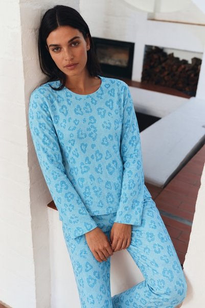 MODAGO Women's Long-Sleeved, Relaxed-Fit, Patterned Pajama Set in Mint Green