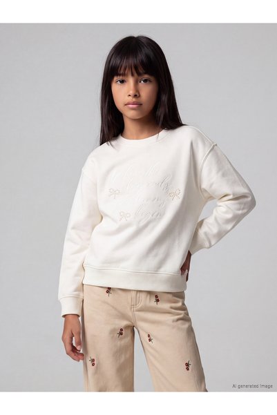 LC Waikiki Lcw Kids Ecru Beaded Girls' Thick Sweatshirt with Nevavm Design